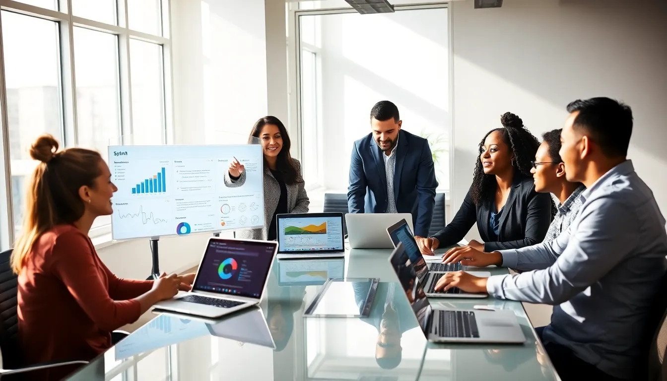 diverse team collaborating on digital marketing strategies in an office.