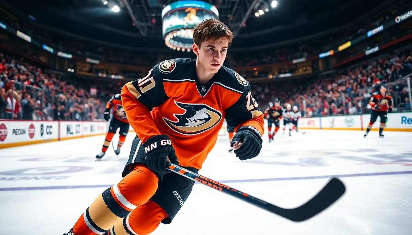Trevor Zegras skillfully maneuvering the puck during an NHL game.