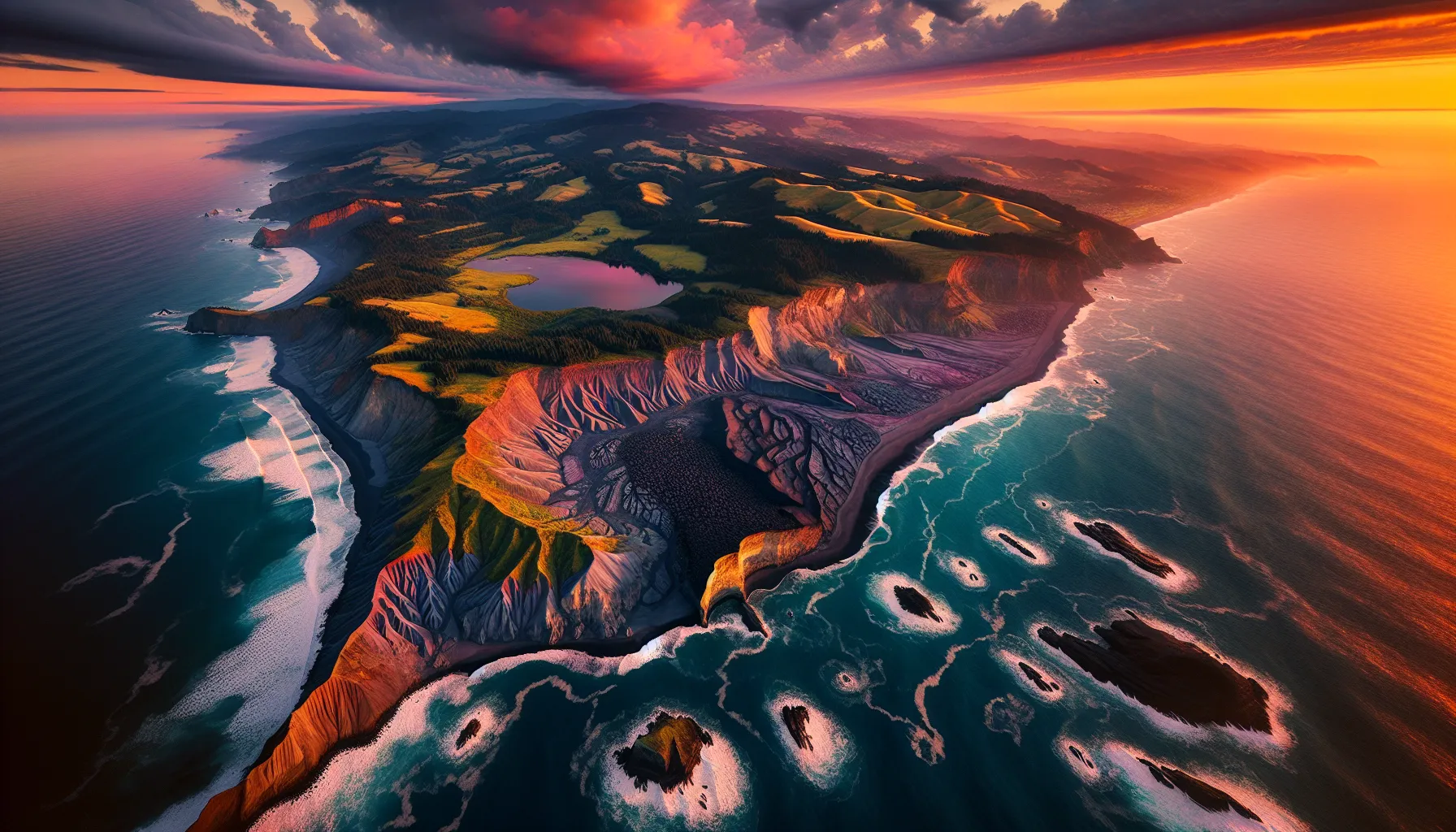 sunset over a coastal landscape showing oceanic and continental crust.