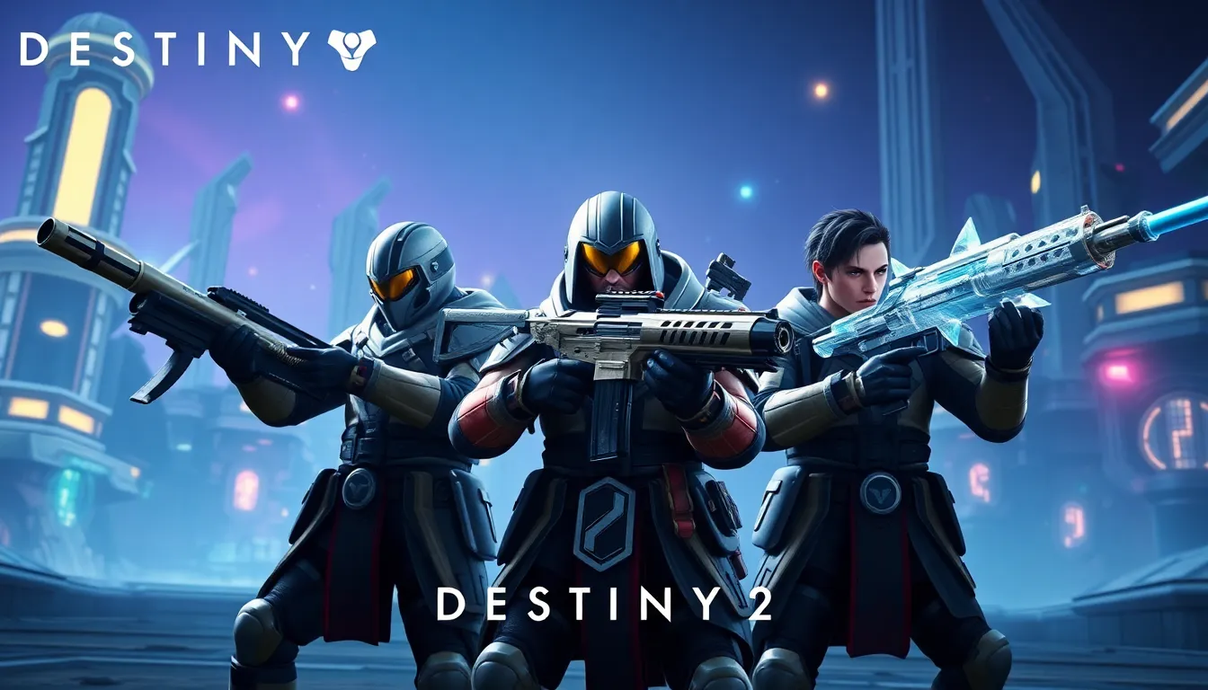 guardians wielding power weapons in a vibrant gaming environment.
