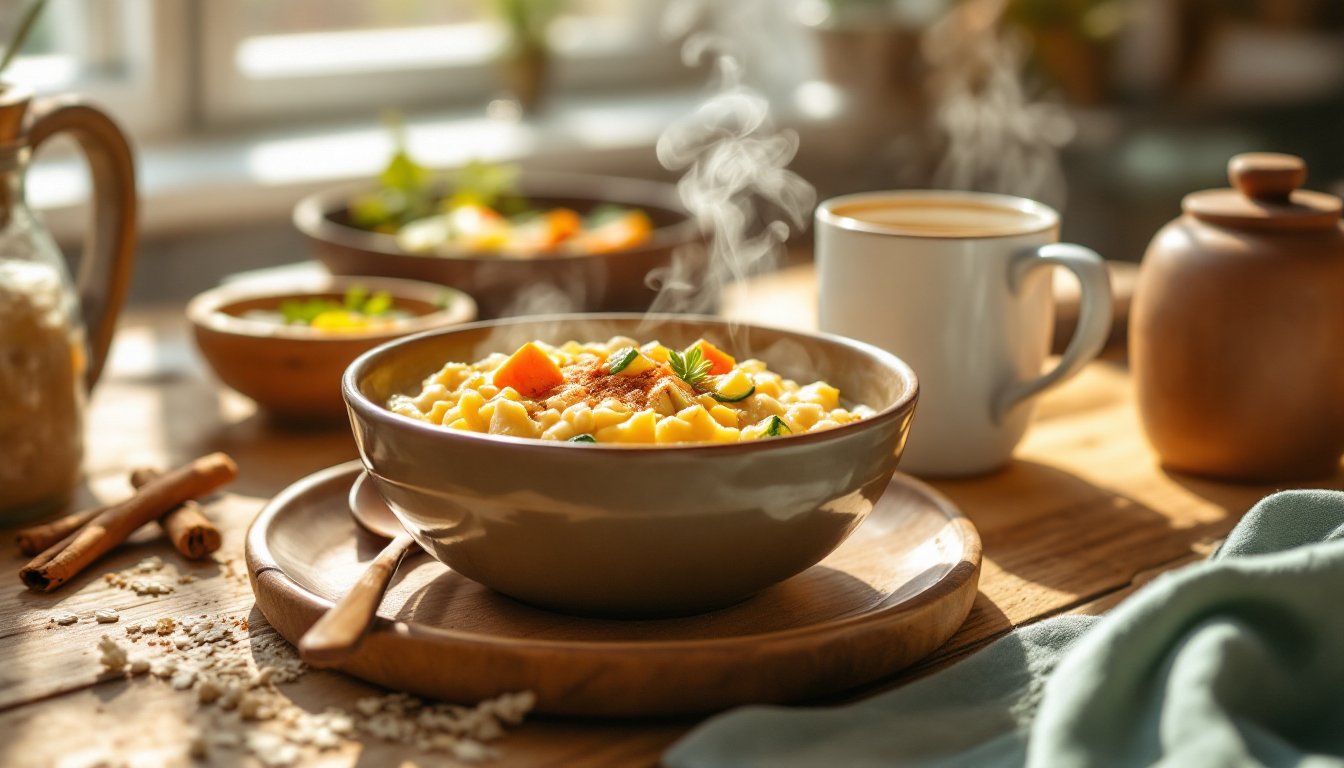 A warm, sunlit lunch of porridge, soup, and herbal tea on a wooden table.