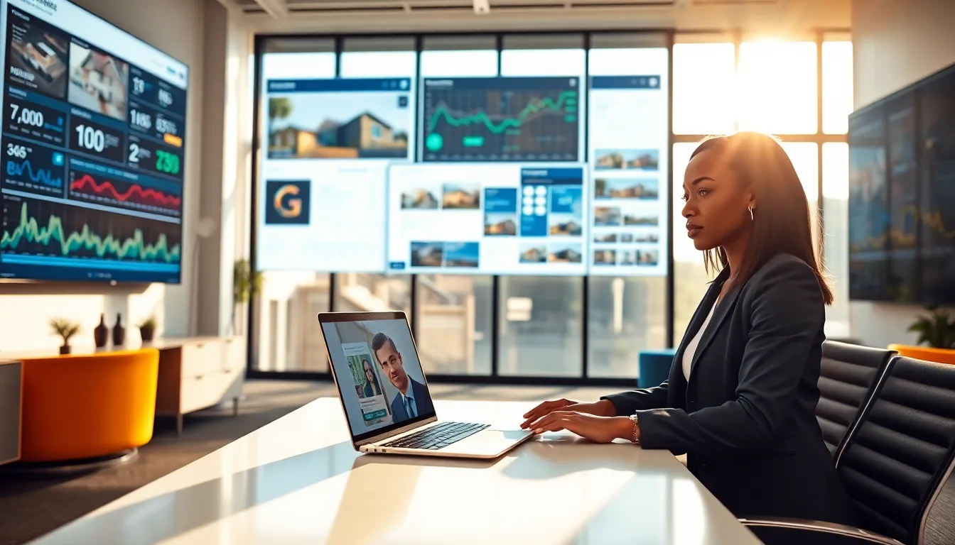 A real estate agent using modern technology in a contemporary office.