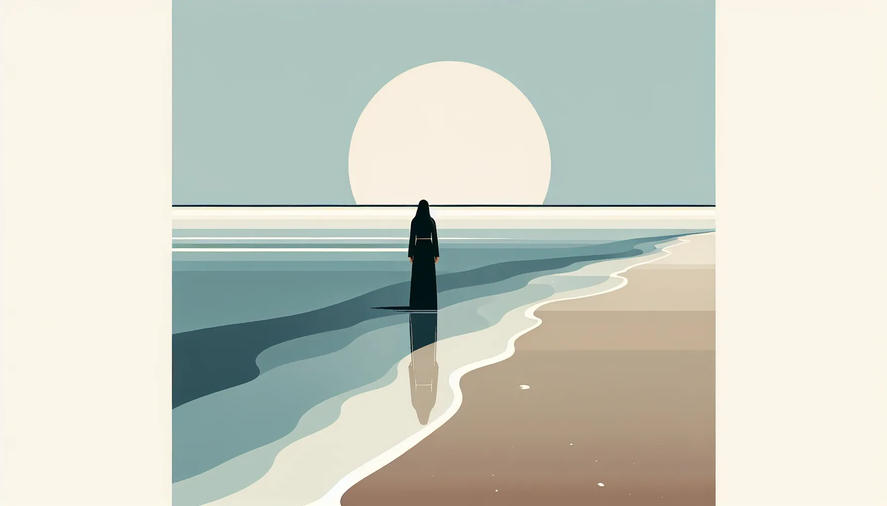 Solitary figure contemplating calm waters at shoreline in minimal style