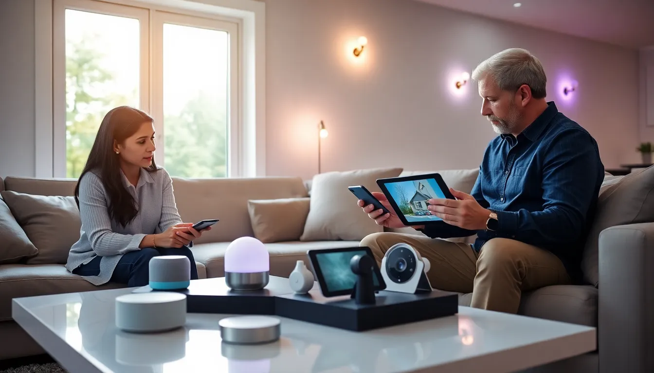 professionals discussing various smart home gadgets in a modern living room.