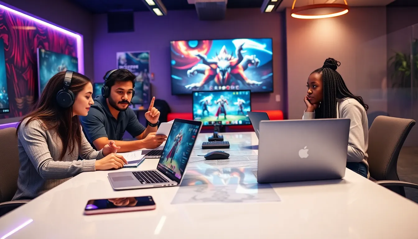 diverse group of gamers strategizing around a conference table.