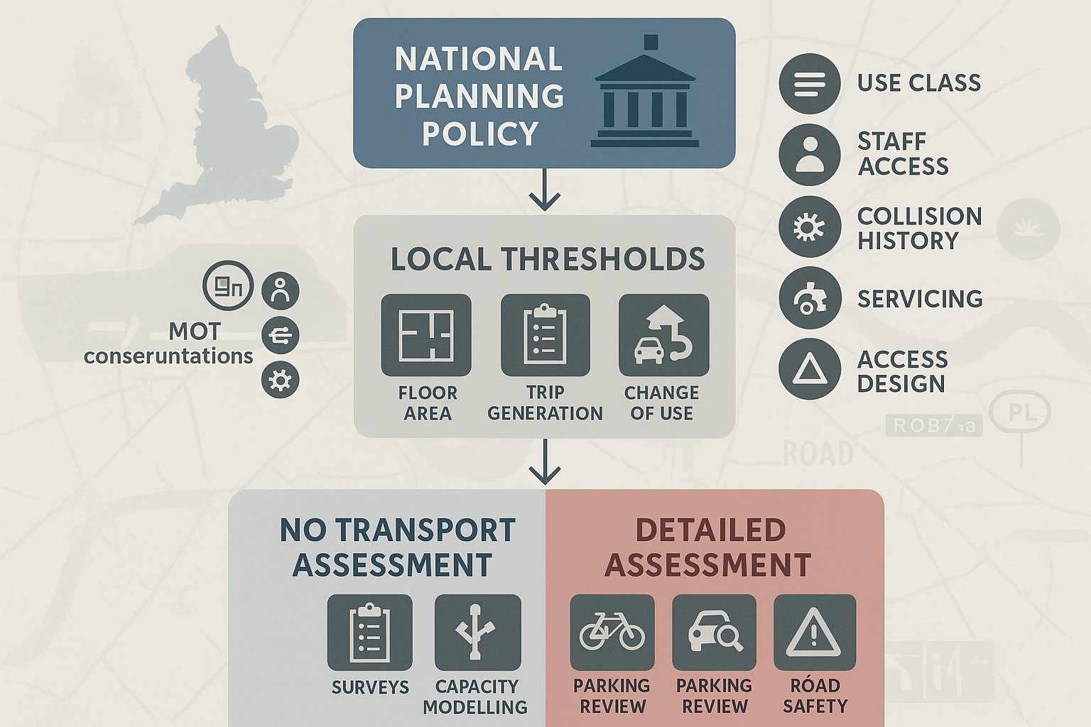 UK infographic showing planning policy and local council thresholds for MOT assessments.