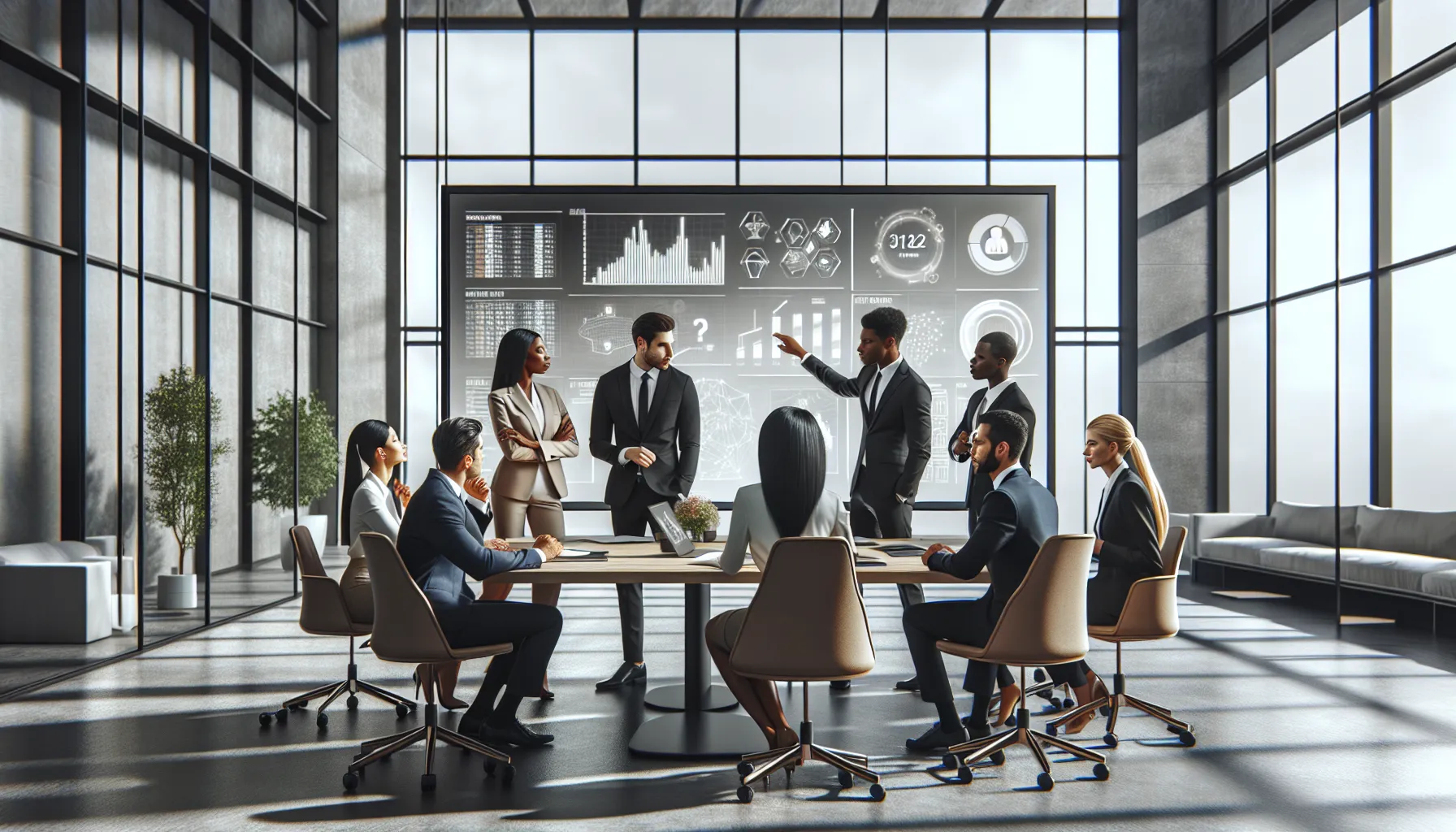 diverse professionals discussing the significance of a number in a modern office.