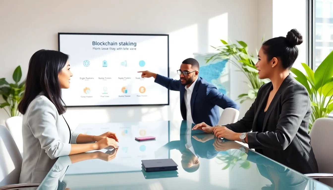 diverse finance team discussing blockchain staking in a modern office.