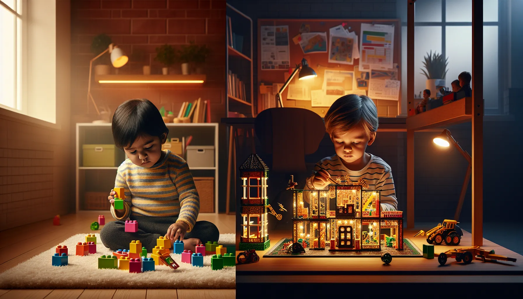 A toddler with DUPLO bricks and a child with LEGO sets side by side.