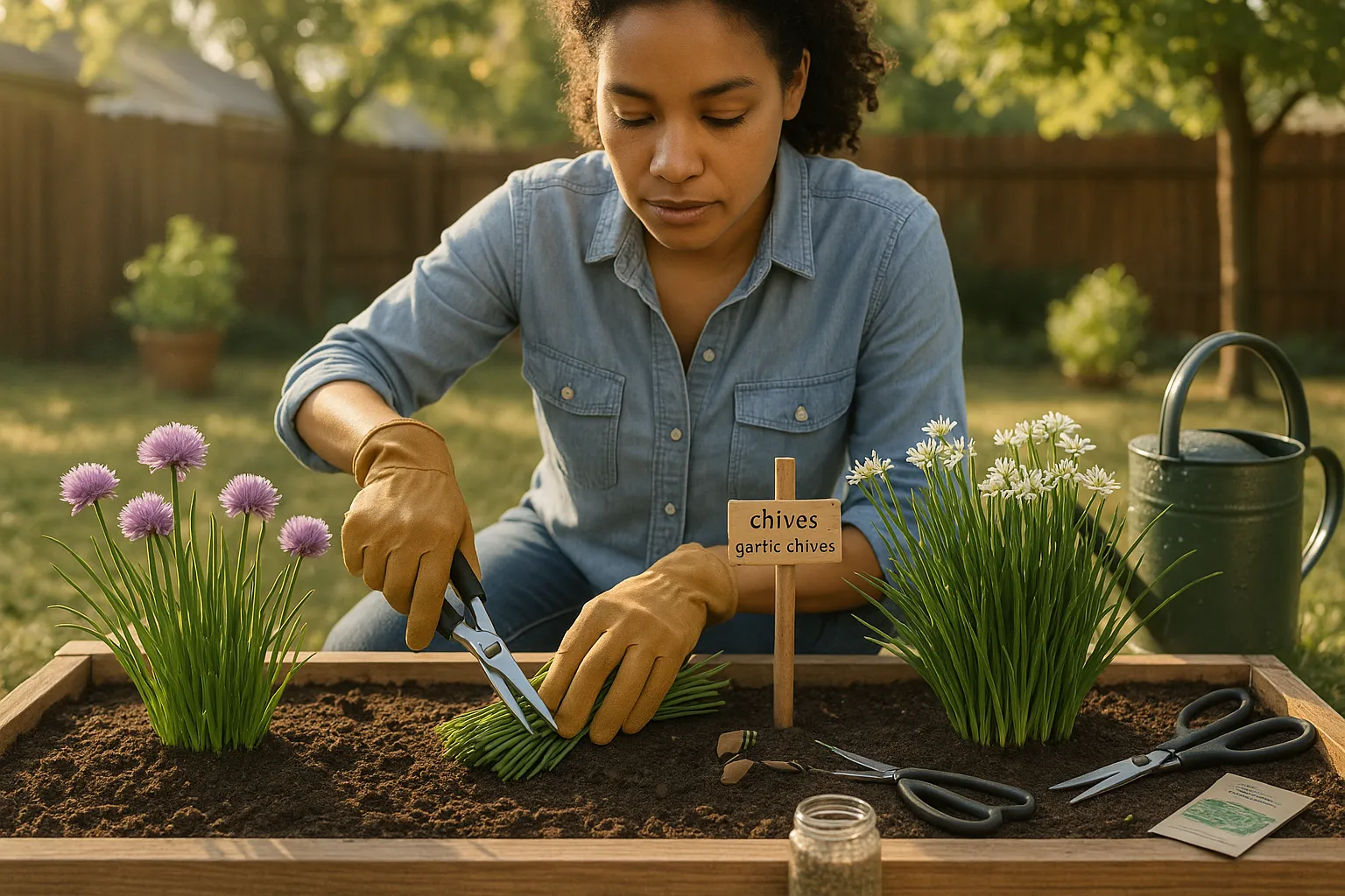 gardener harvesting common chives and garlic chives in a sunlit raised bed