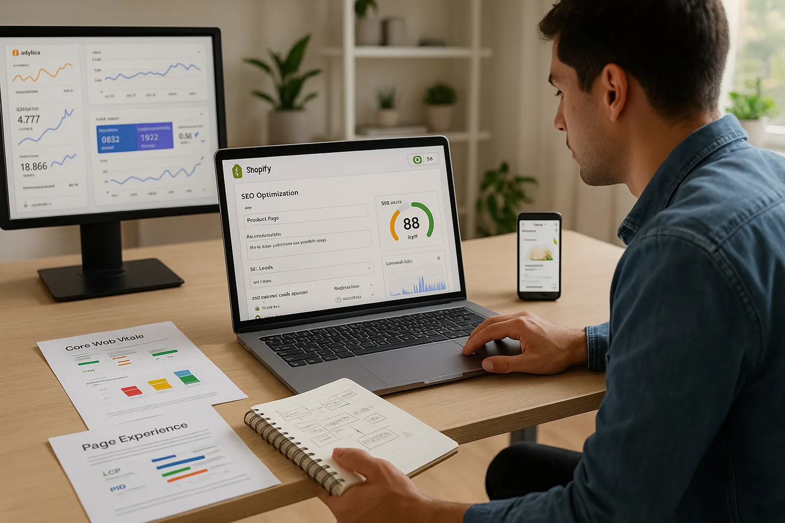 Marketer optimizes a Shopify store’s SEO and analytics on a laptop in a home office.