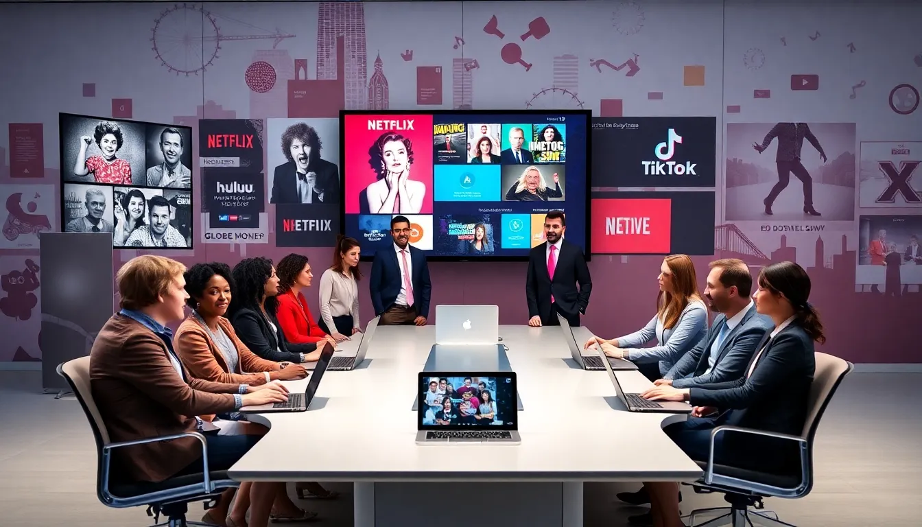 professionals discussing the evolution of pop culture in a modern office.