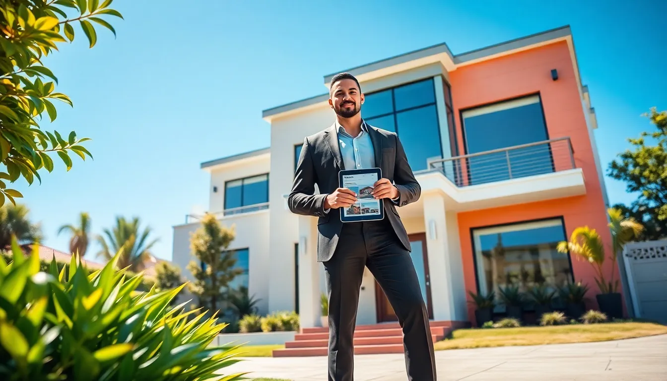A stylish real estate agent in front of a modern house, showcasing design and fashion.
