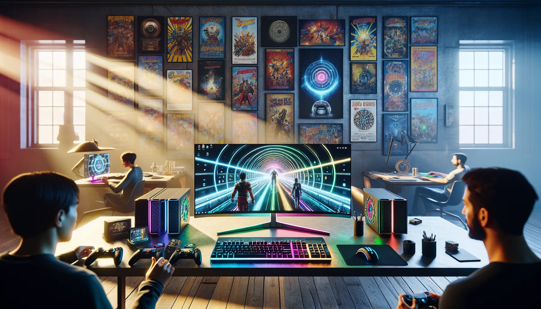 gamers discussing Chrono Trigger at a modern PC setup.