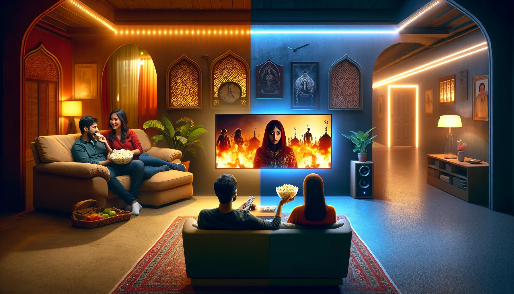 Split-screen of two living rooms highlighting differences in series and miniseries atmospheres.
