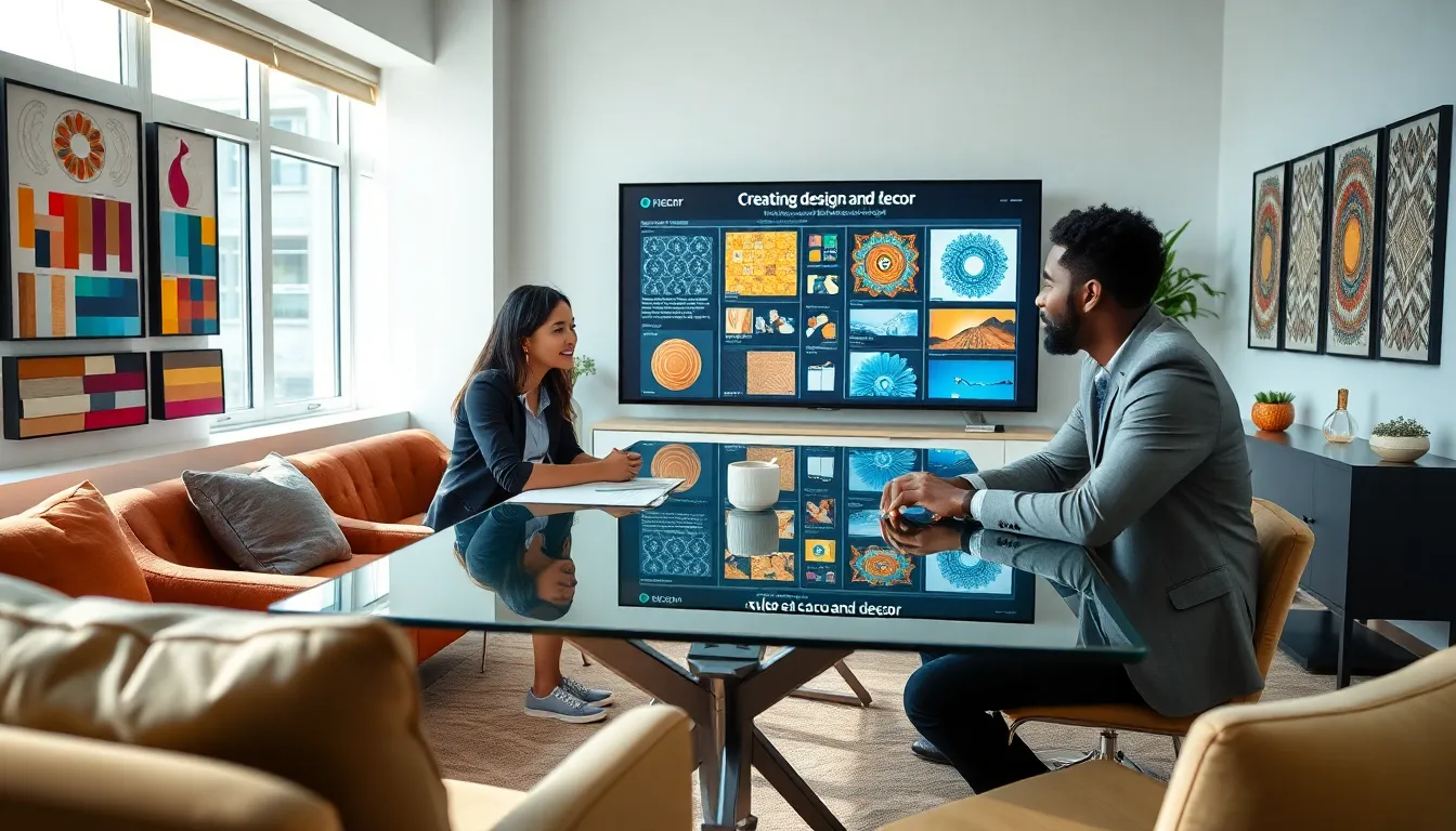 diverse professionals discussing design elements in a modern workspace.