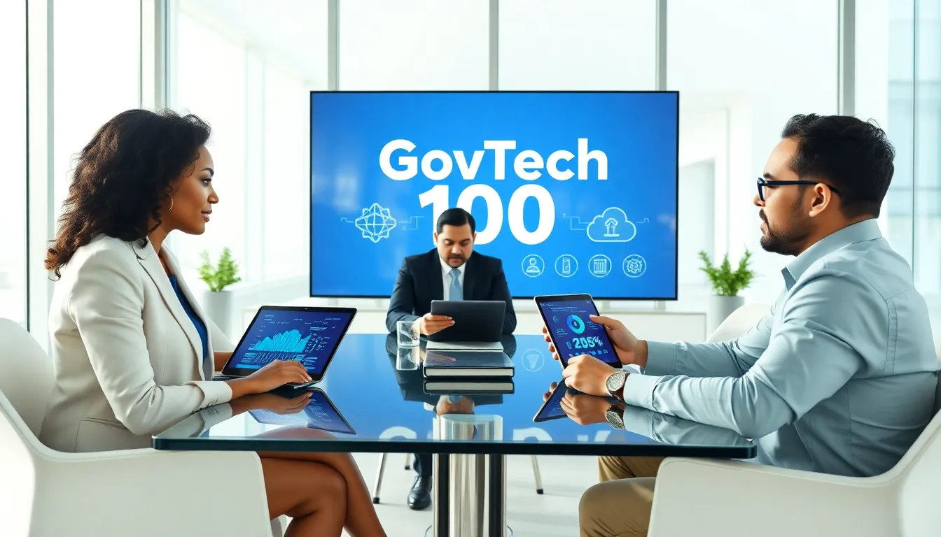 diverse team discussing GovTech solutions in a modern office.