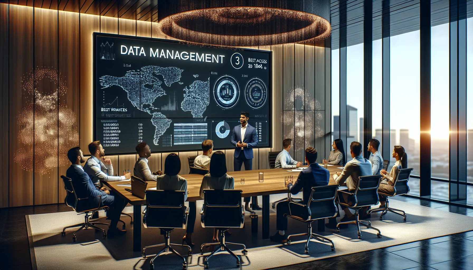 professionals in a modern conference room discussing data management practices.