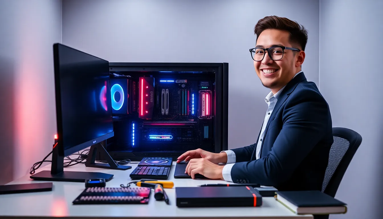individual assembling a gaming PC with components on a modern desk.