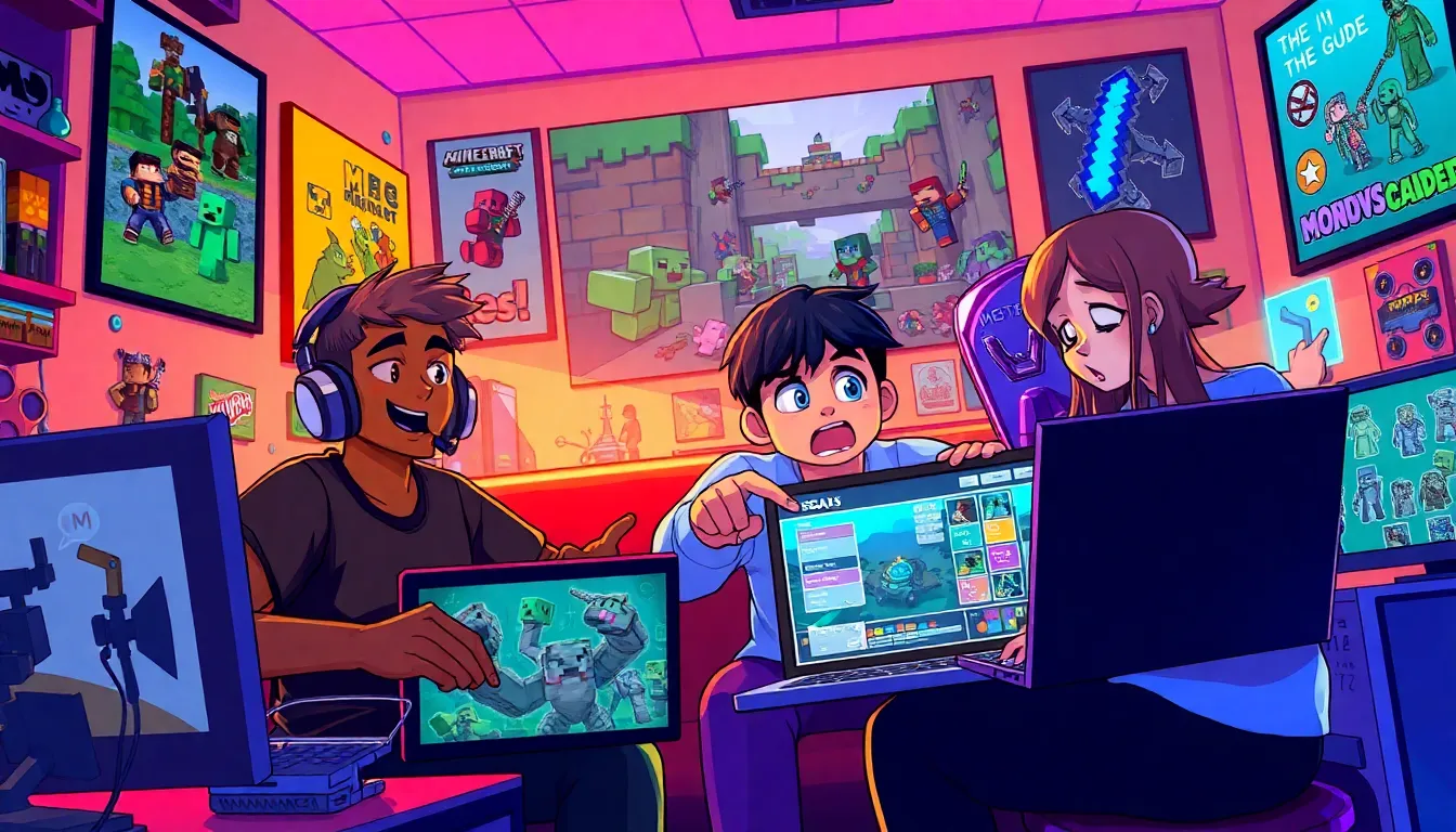 a diverse group of gamers engaging with Minecraft mods in a tech-filled room.