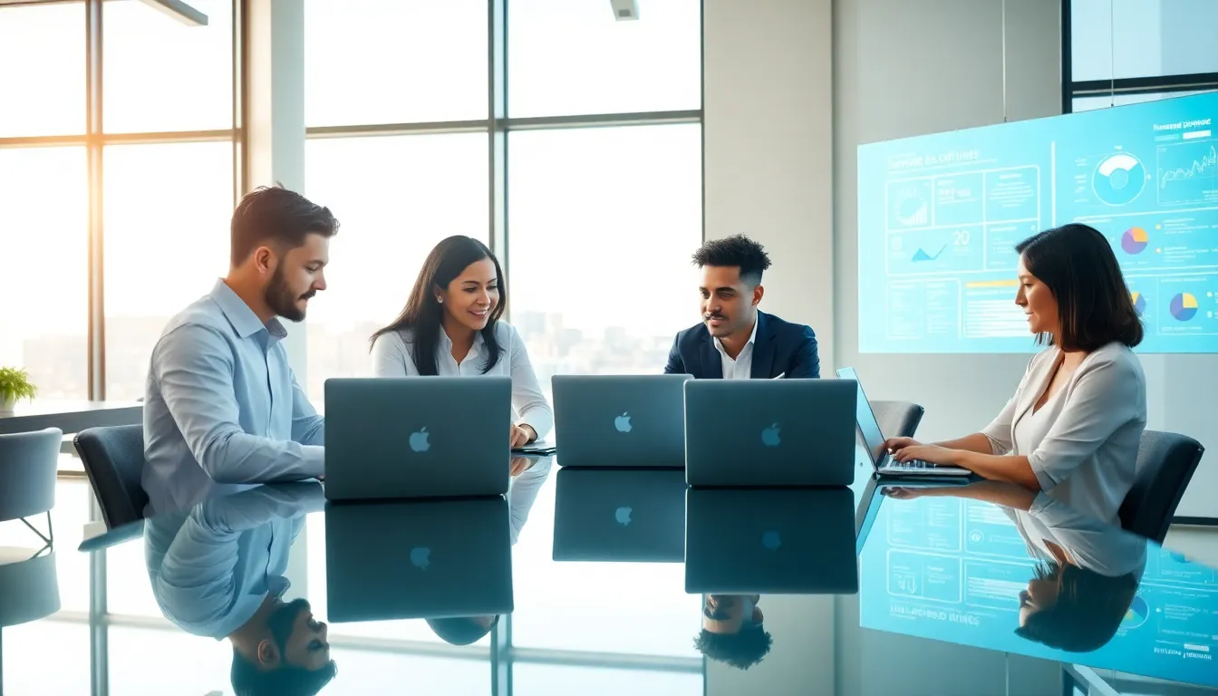 diverse team collaborating on software solutions in a modern office.