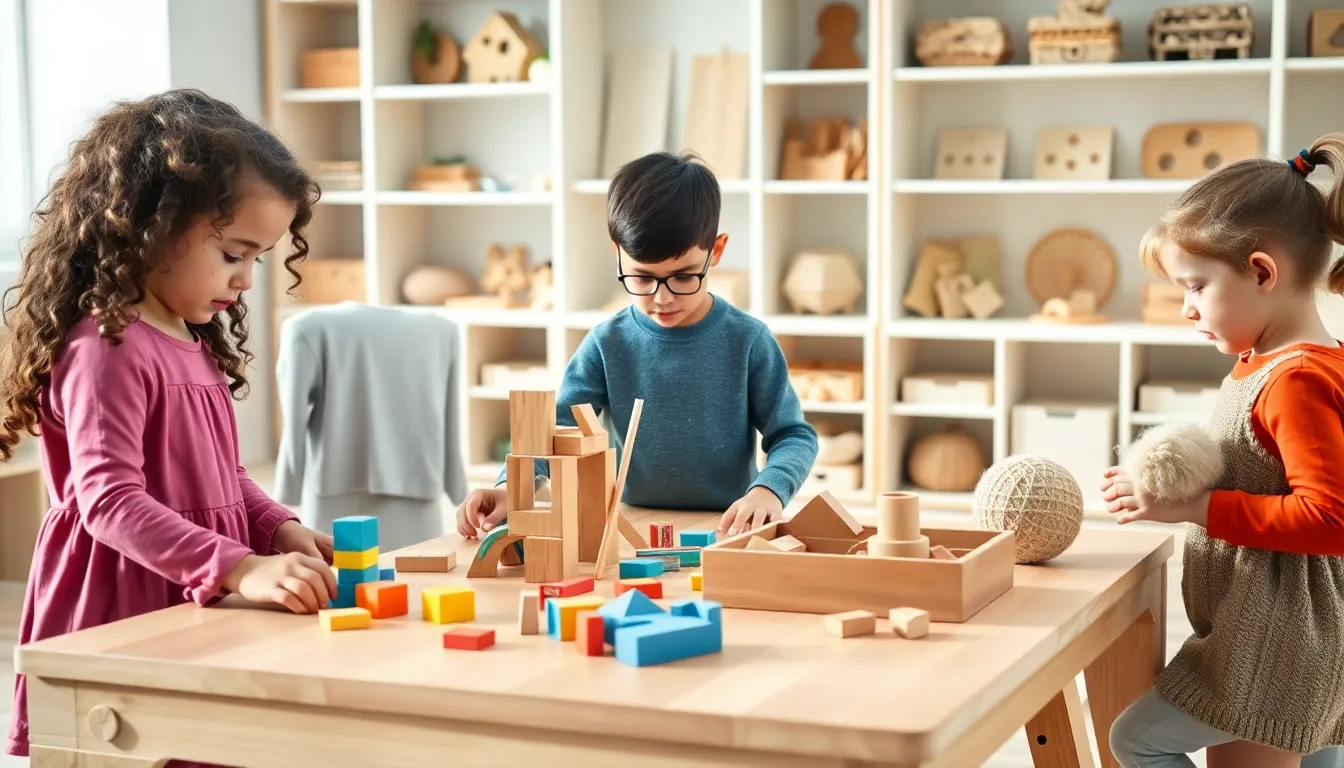 children using Montessori toys in a bright playroom.