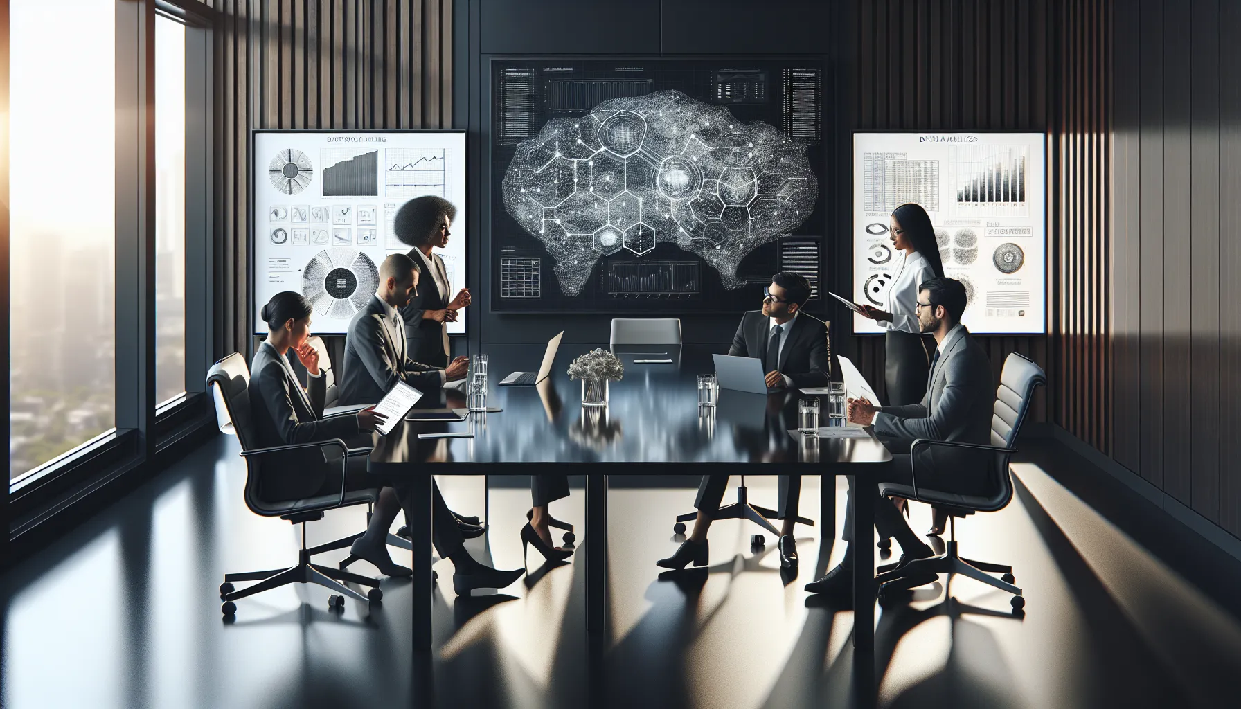 diverse team discussing data analytics in a modern conference room.