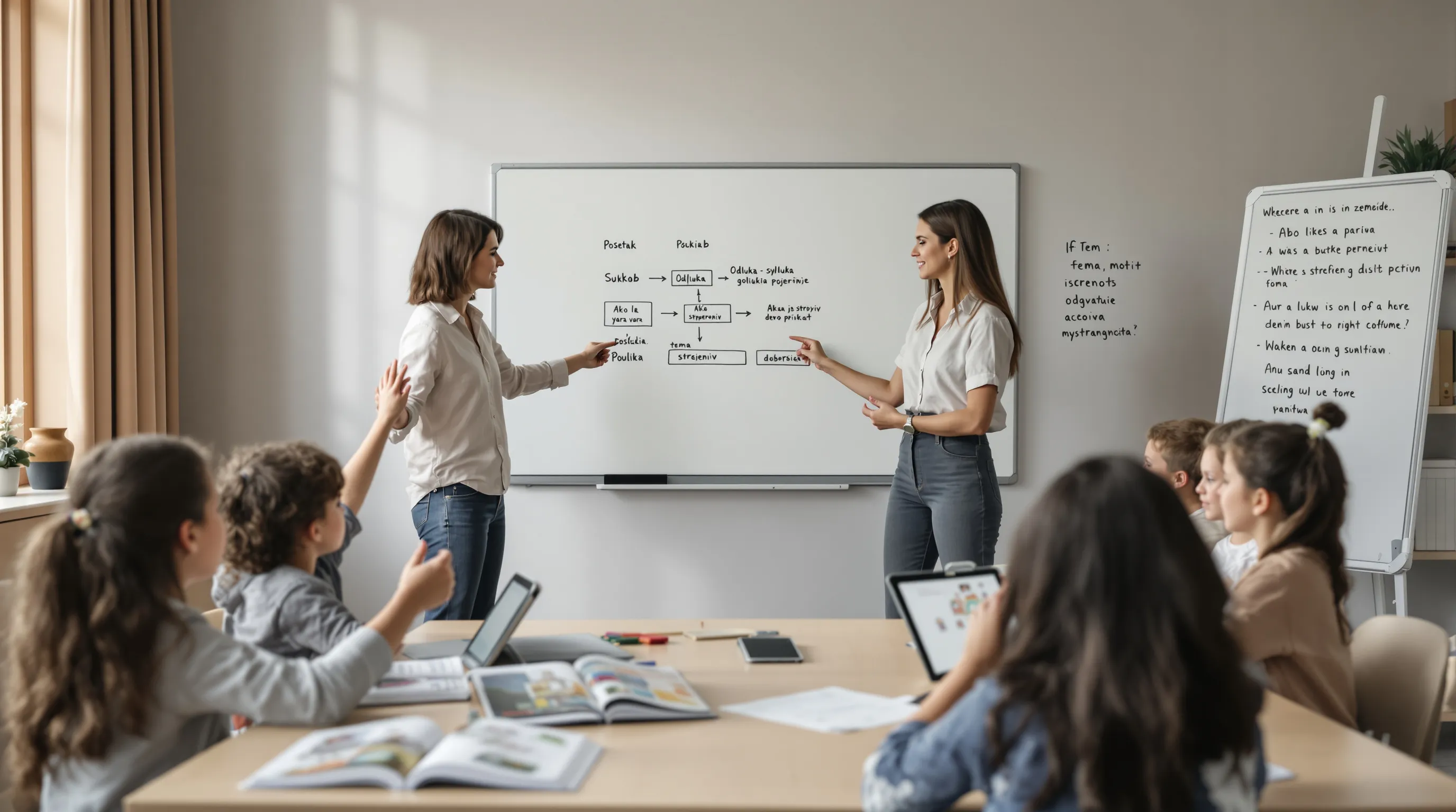 Teacher guides Croatian students using a story flowchart to teach empathy and values.