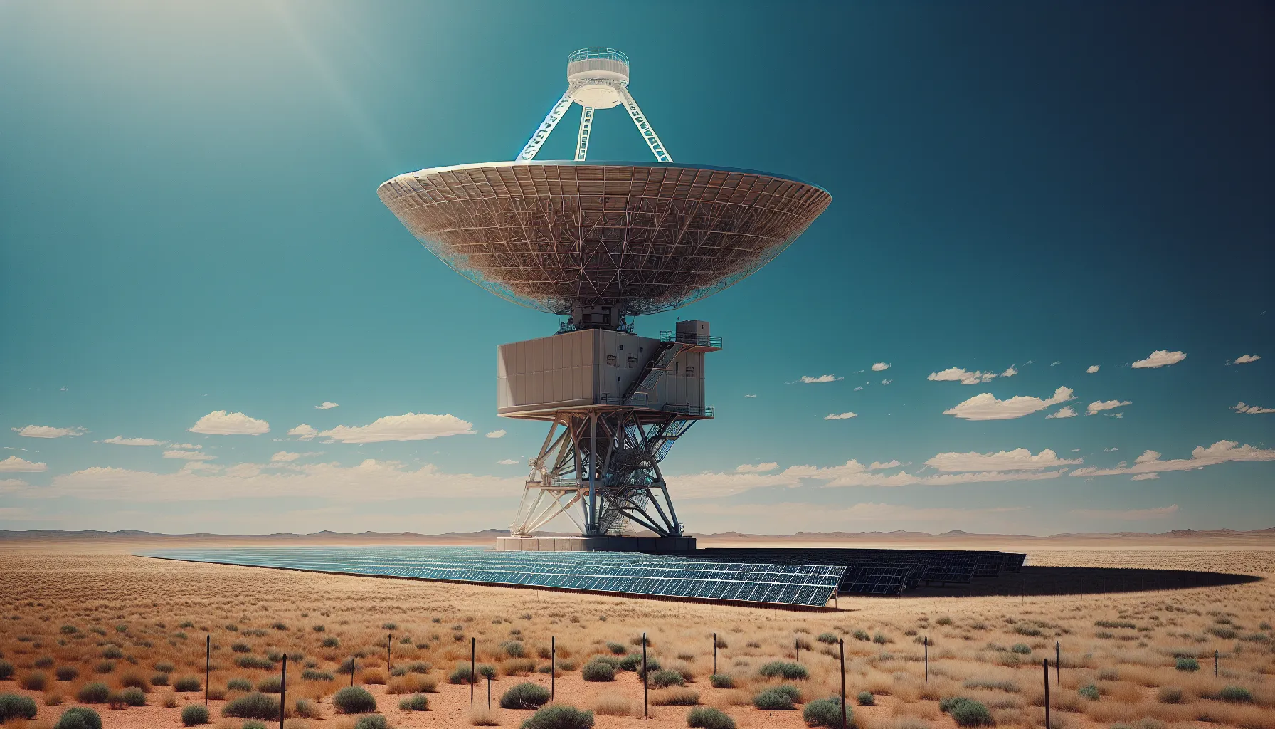 A radar tower in a desert with clear blue skies.