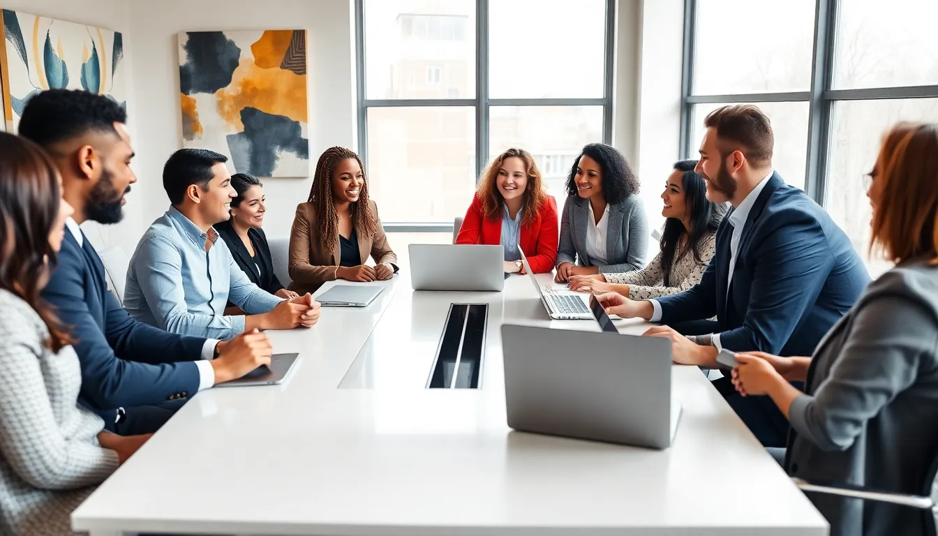 diverse team collaborating in a modern office environment.