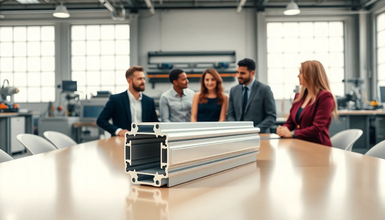 professionals discussing aluminum extrusions in a modern office.