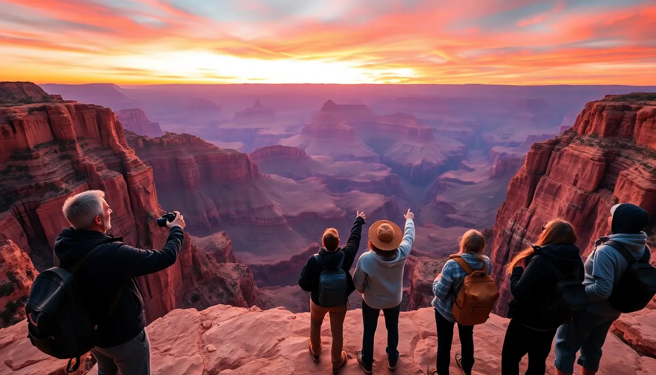 travelers admiring the Grand Canyon at sunset.