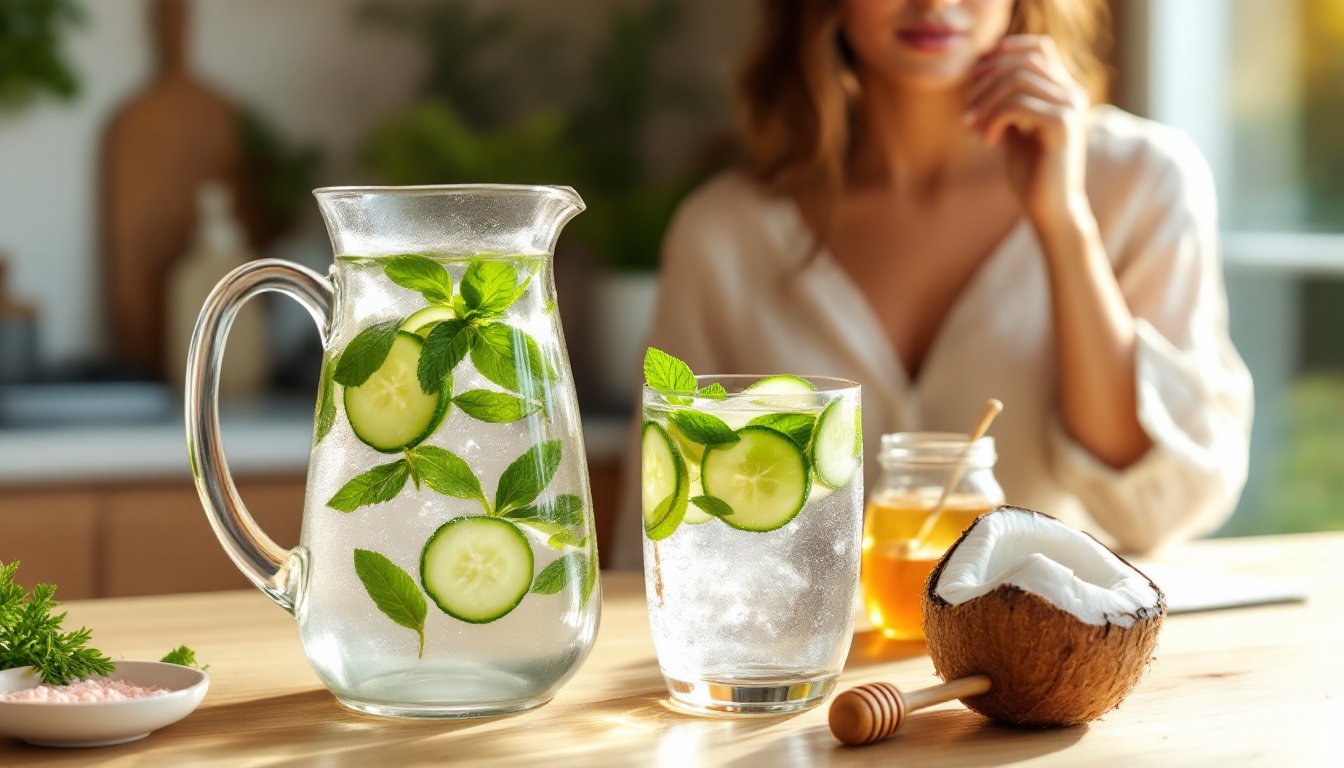 A pitcher of cucumber-mint water with lime, salt, and honey on a sunlit kitchen counter.