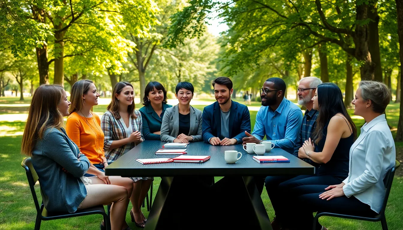 diverse group discussing mindfulness in a serene outdoor setting.