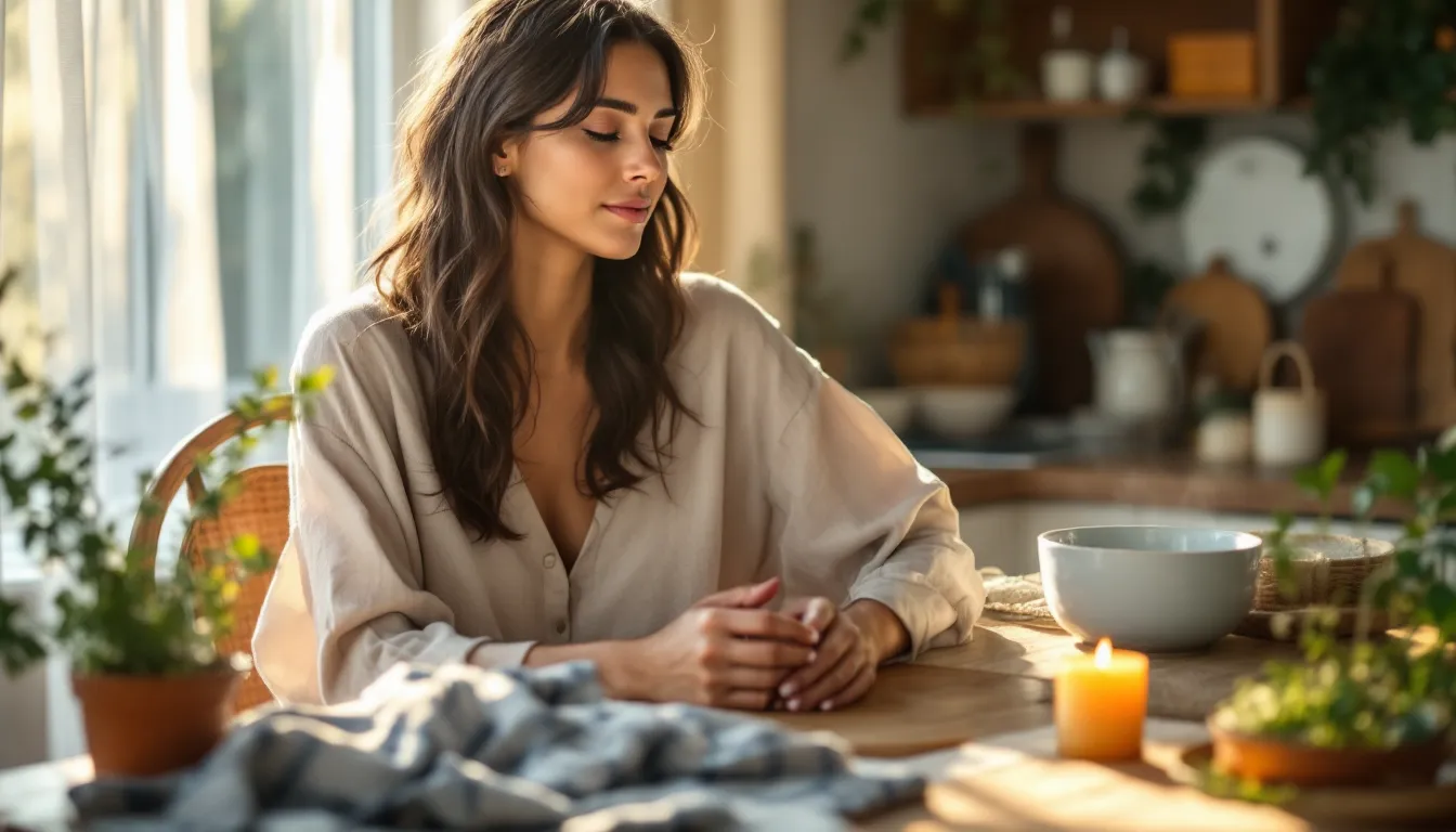 Woman with eyes closed taking slow breaths before a meal at a sunlit table.