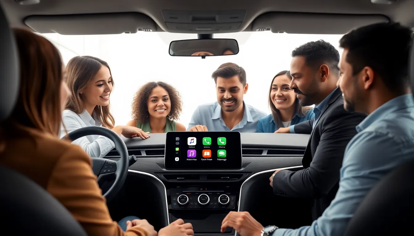 professionals using Apple CarPlay in a modern car interior.