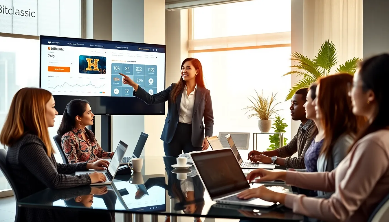 diverse team discussing cryptocurrency in a modern office.
