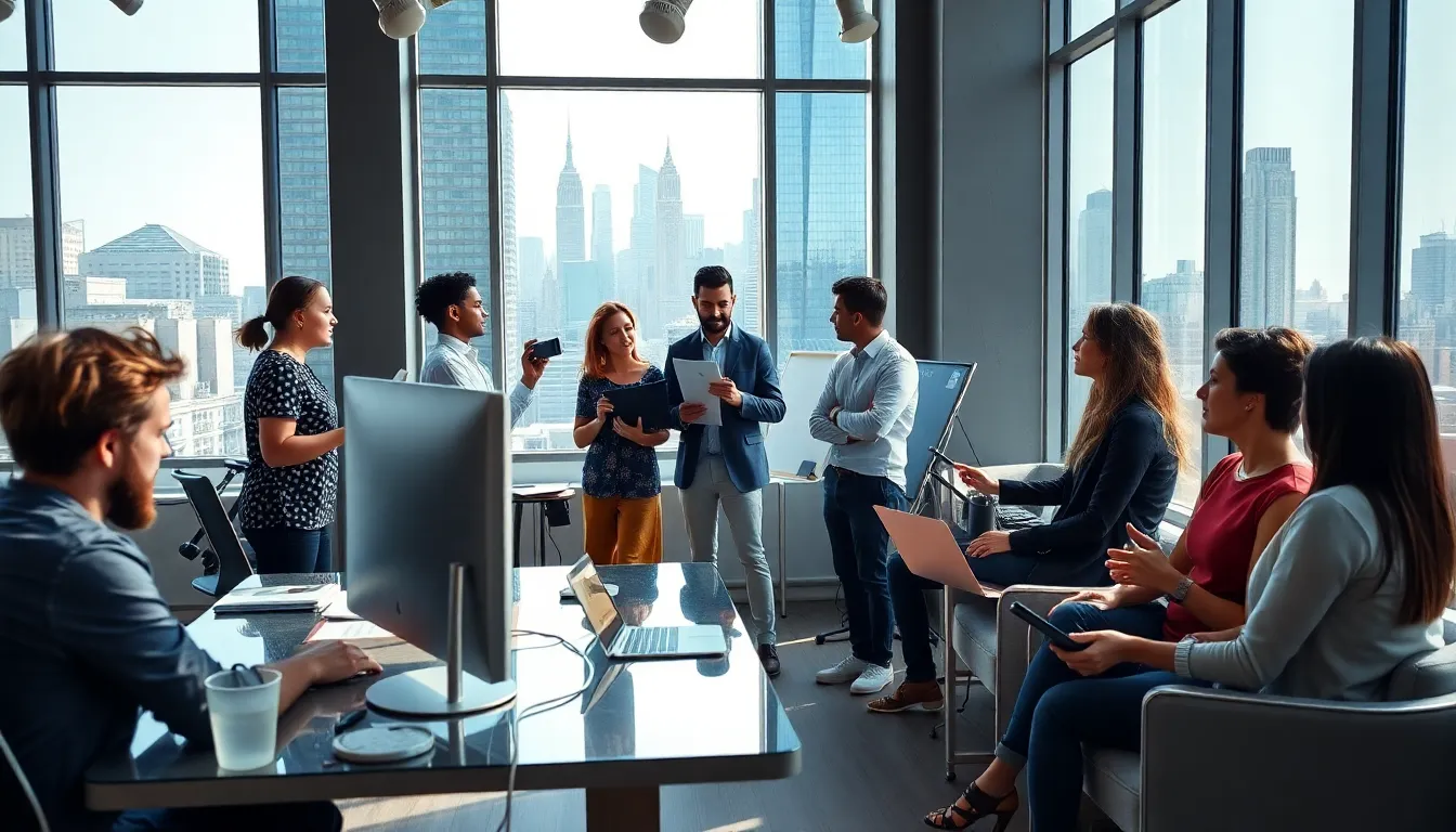 diverse journalists collaborating in a modern NYC newsroom.