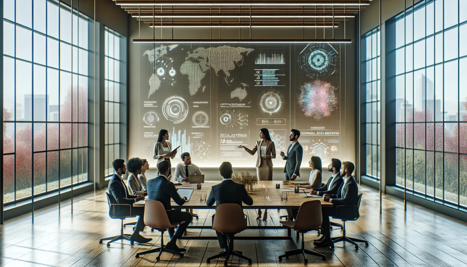 diverse professionals discussing data security and technology in a modern office.
