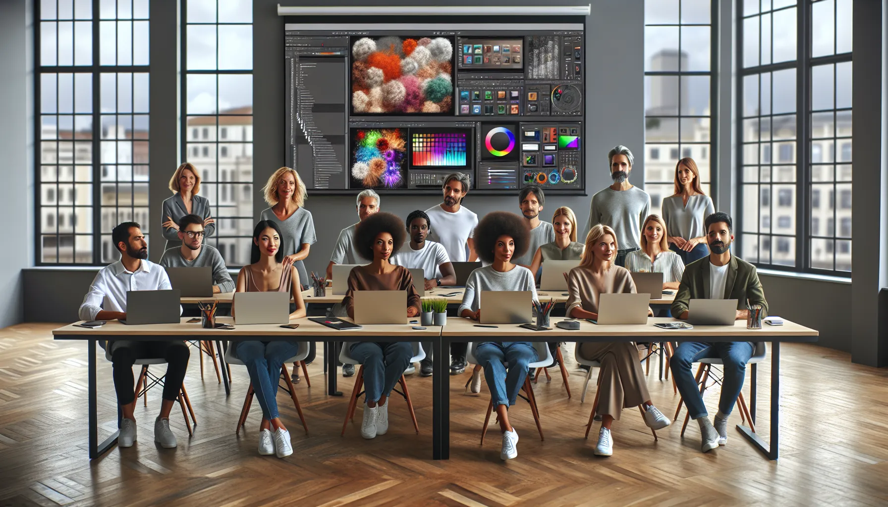 diverse learners in a bright classroom taking a Photoshop course.