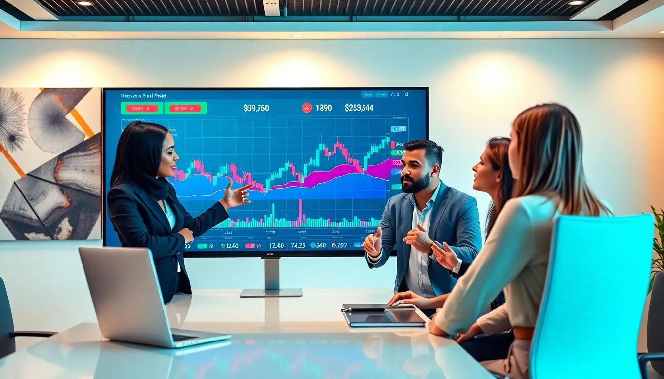 diverse professionals discussing cryptocurrency charts on a digital screen.