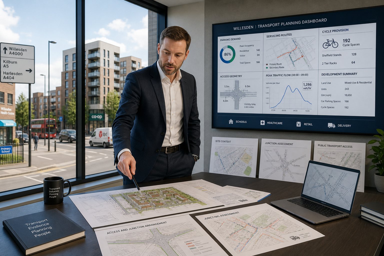 Traffic engineer reviewing planning and transport plans in a modern Willesden office.