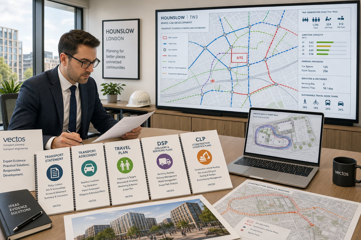 Traffic engineer reviewing transport planning documents and urban traffic maps in office.
