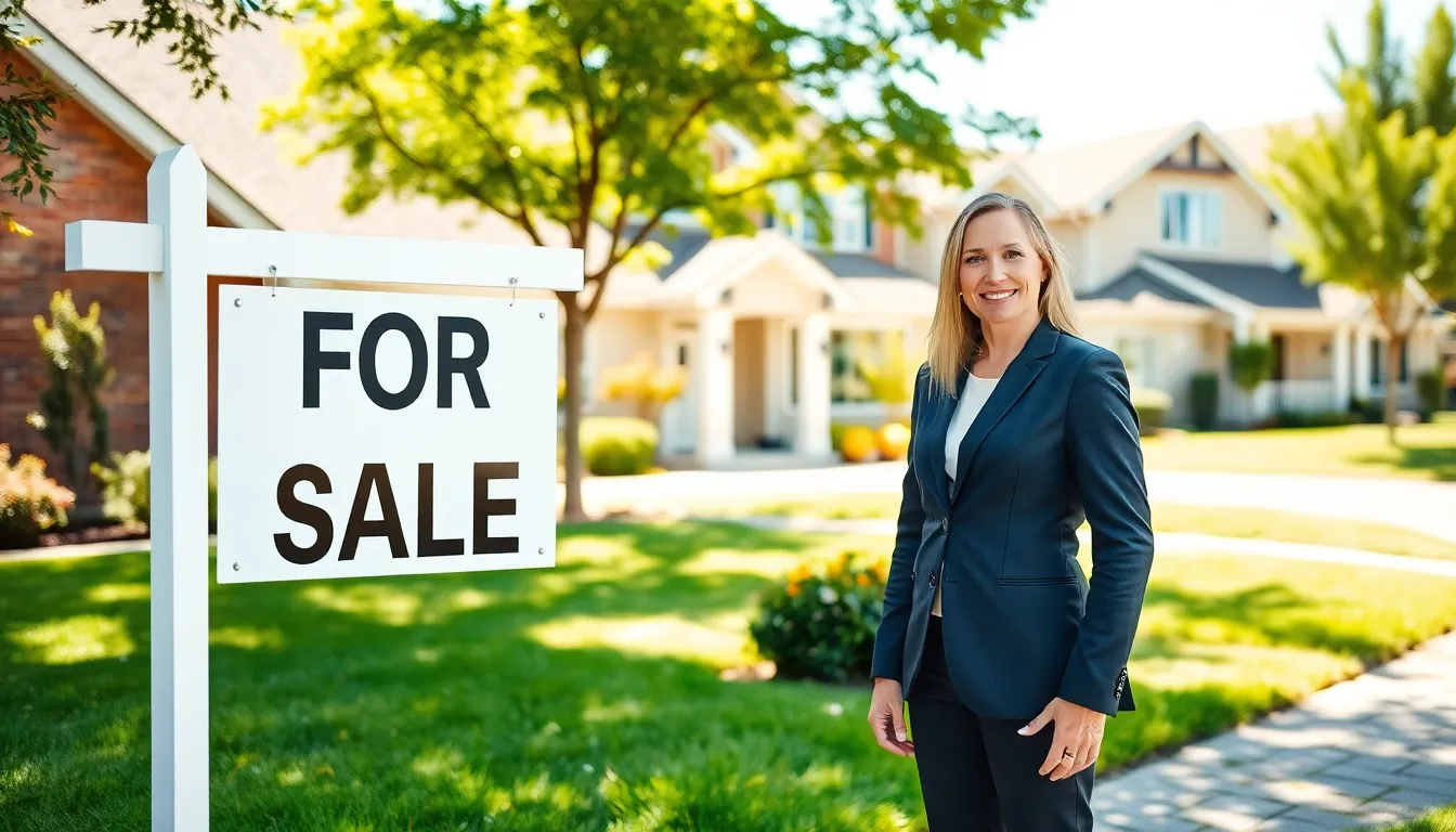 real estate agent next to a modern For Sale sign outside a home.