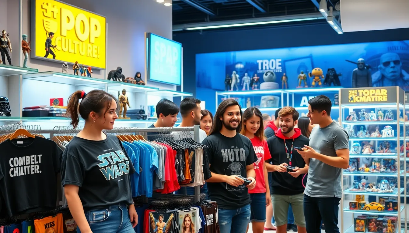 diverse fans exploring pop culture merchandise in a modern store.