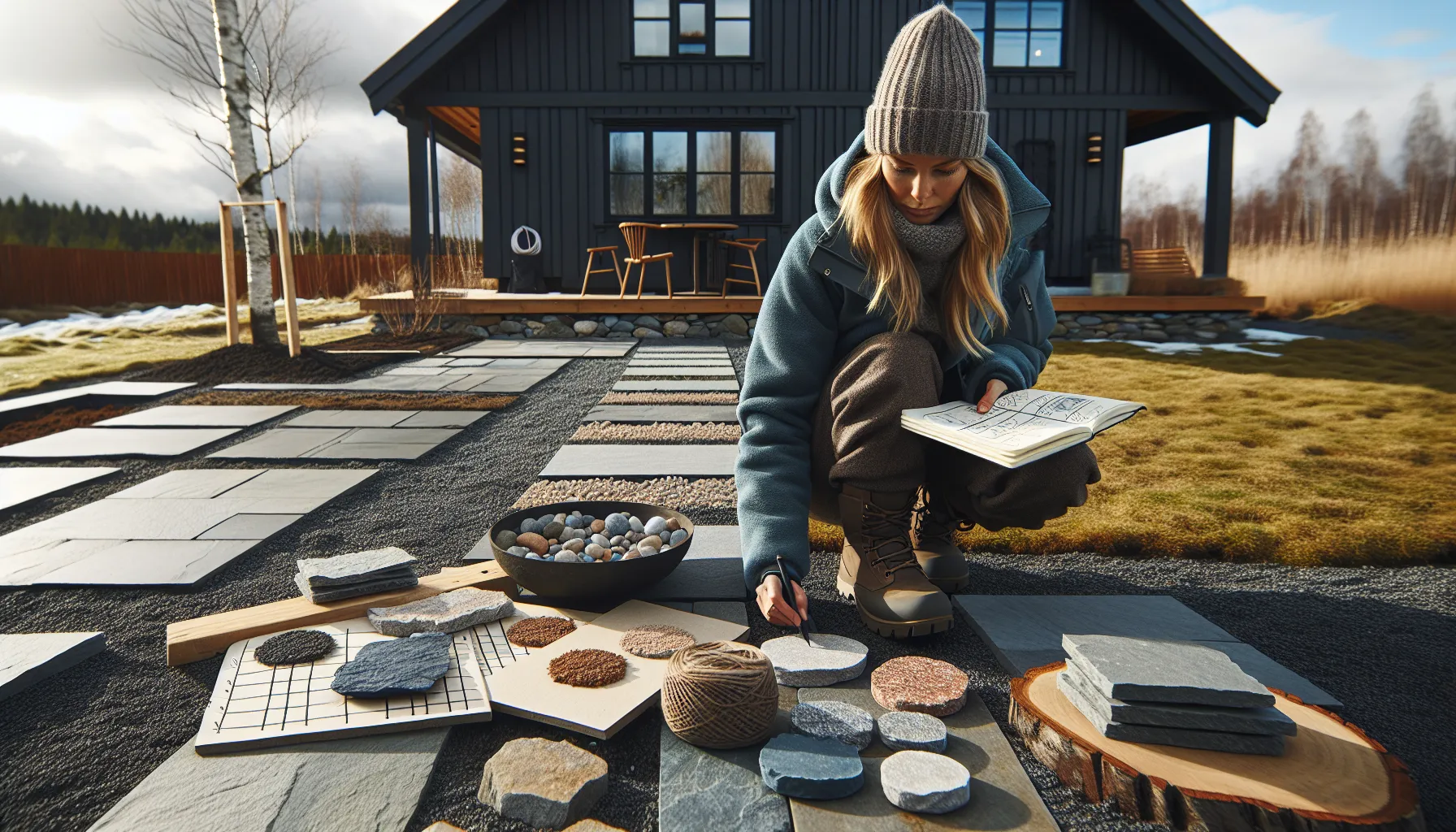 Hvordan lage en vedlikeholdsfri hage med stein 2 Norwegian homeowner tests soil and plans a stone garden with samples and tools.