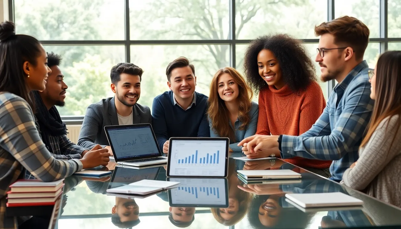 diverse students discussing tuition costs in a modern classroom.