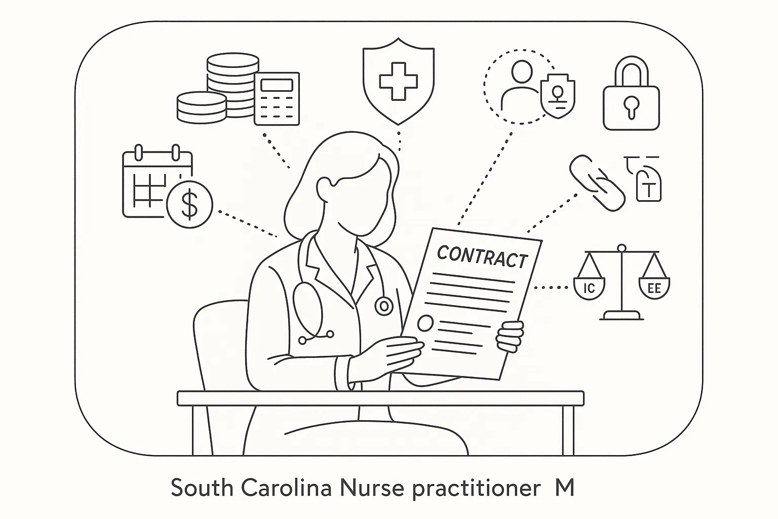 nurse practitioner reviewing a contract with icons for pay, insurance, and restrictions of South Carolina Nurse Practitioner Contract Review.