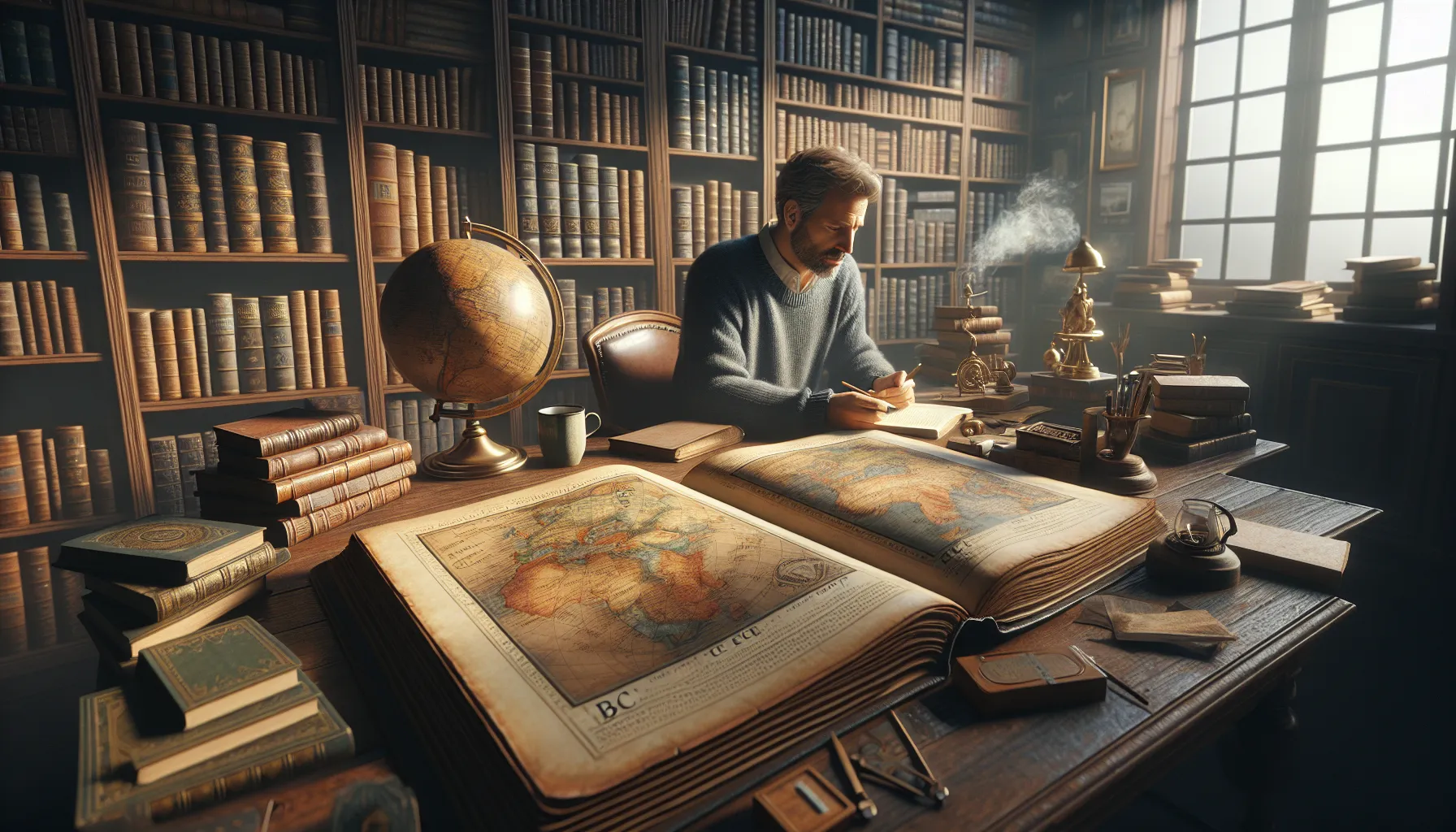a man studying historical texts on BC and CE at a wooden desk.