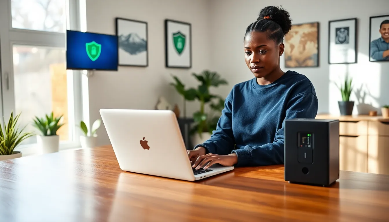 A woman managing her online security in a modern home office.